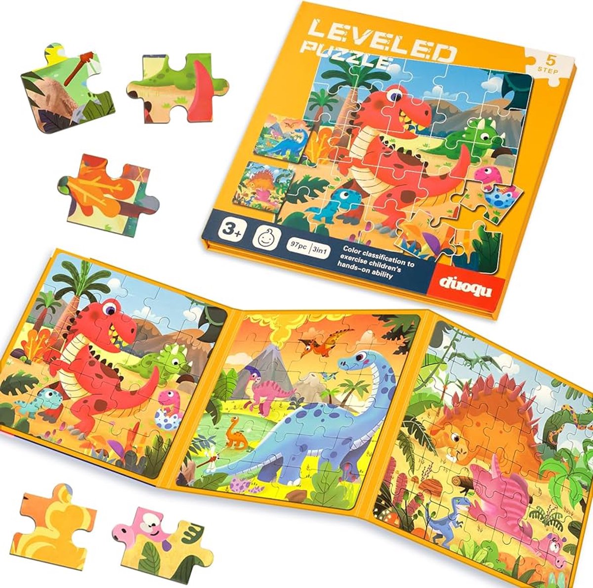 Magnetisch Puzzelboekje Dino's - 3-in-1 Puzzelboekje - Kinderpuzzel - 3 jaar of ouder - Dinosaurus - Puzzelniveau 5 - 97 puzzelstukjes