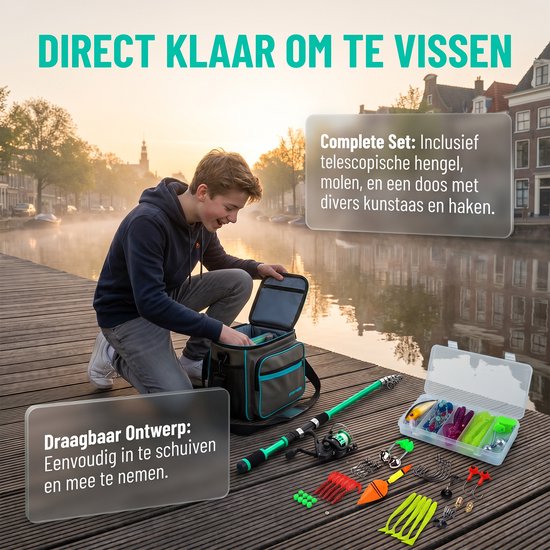 Telescopische Vismolen Hengel 1,8 m - Complete Visset met Molen en Accessoires - Compact en Licht - Groen — afbeelding 3