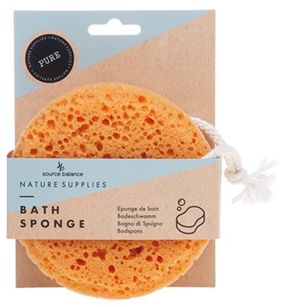Oranje badspons van Source Balance met ophangtouw en "BATH SPONGE" opdruk.