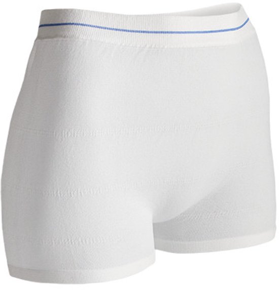 Witte TENA ProSkin Fix Fixatiebroek, achterkant, met een blauwe gestreepte tailleband en subtiele horizontale lijnen.