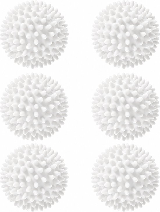 Zes witte wasbollen met noppen, gemaakt van siliconen.