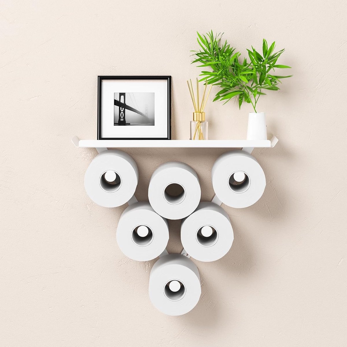 Wandgemonteerde toiletpapierhouder met bovenplank, metalen houder voor 12 rollen, ideaal voor badkamer en toiletruimte, wit
