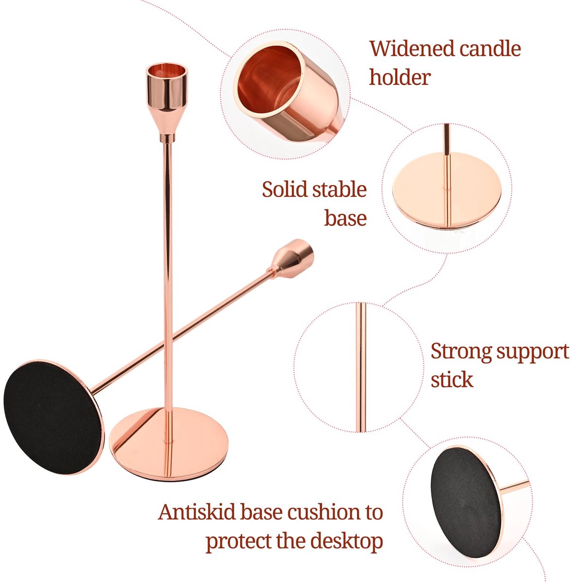 Kandelaarhouders Metalen hoge kandelaar voor taps toelopende kaarsen Kandelaar past op 3/4 inch dikke kaarsen voor bruiloft, woonkamer, eetkamerdecoratie (roségoud)