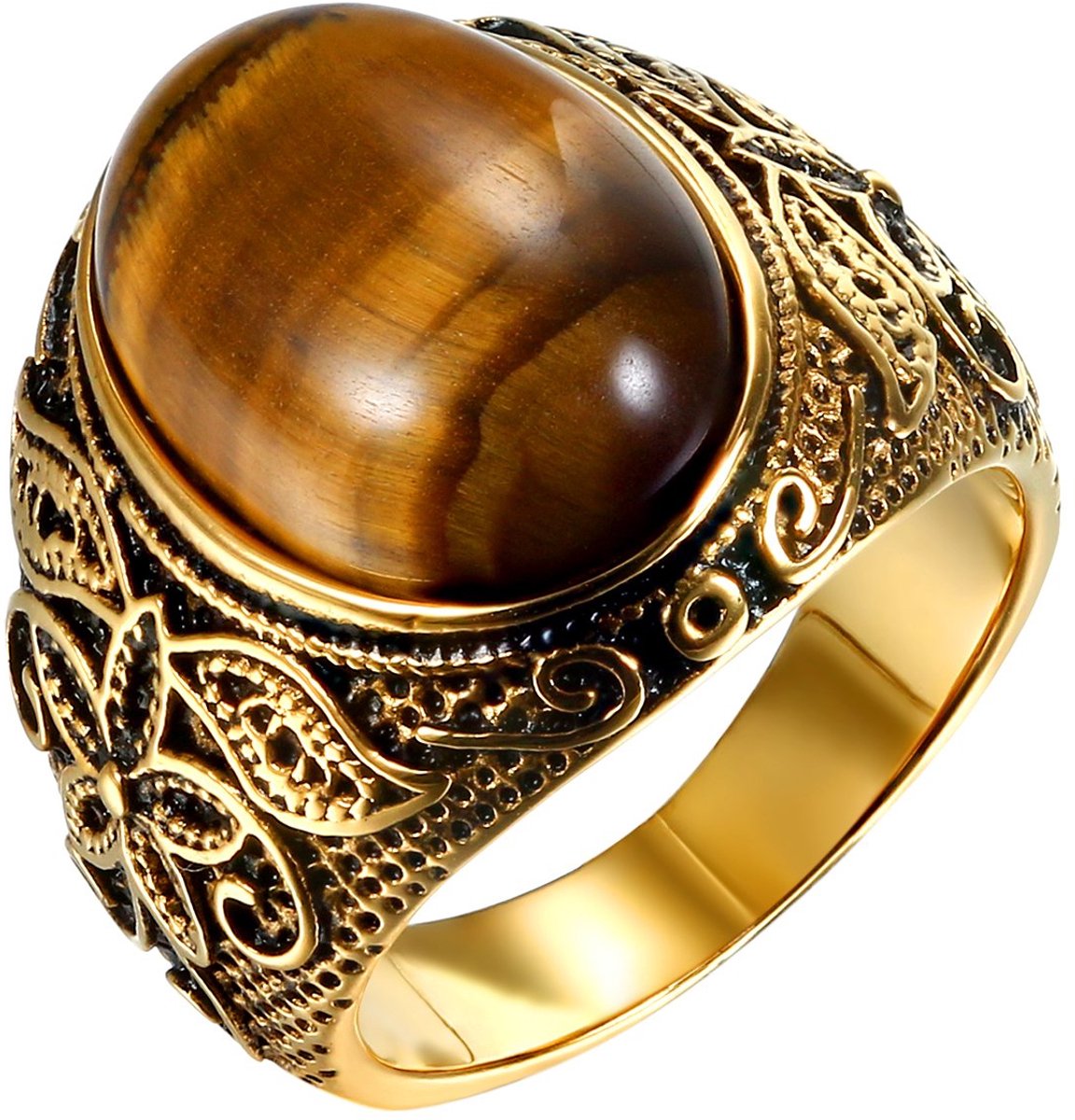 JewelryWe Sieraden herenring, tijgeroog roestvrij staal, retro klassiek gesneden bloemenpatroon ring band, goud