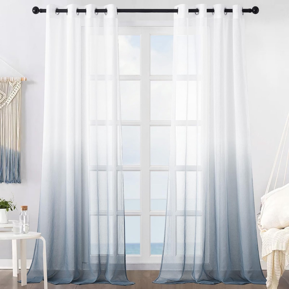 Gordijnen met kleurverloop, linnenlook, transparant gordijn, kort, tule gordijn met oogjes, 245 x 140 cm (h x b), modern, voor decoratie kinderkamer, woonkamer, slaapkamer, set van 2, gr