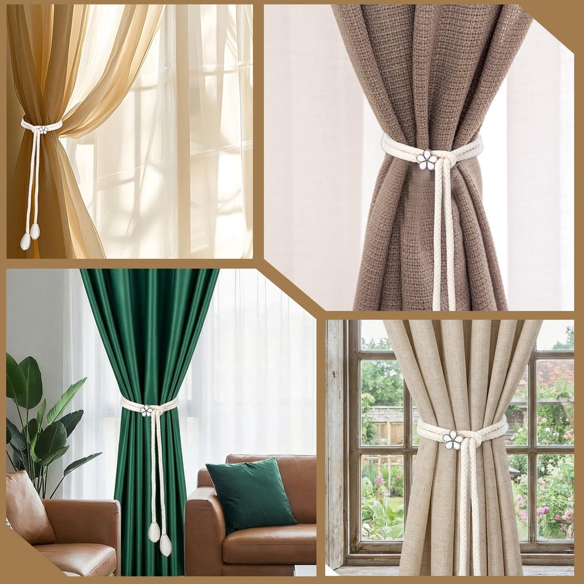 Gordijnbinders, 6 stuks handgebreid gordijn stropdasruggen boho stijl gordijnen tie-backs gordijnen touw gesp stropdas ruggen voor woonkamer slaapkamer thuiskantoor raamdecoratie (beige)