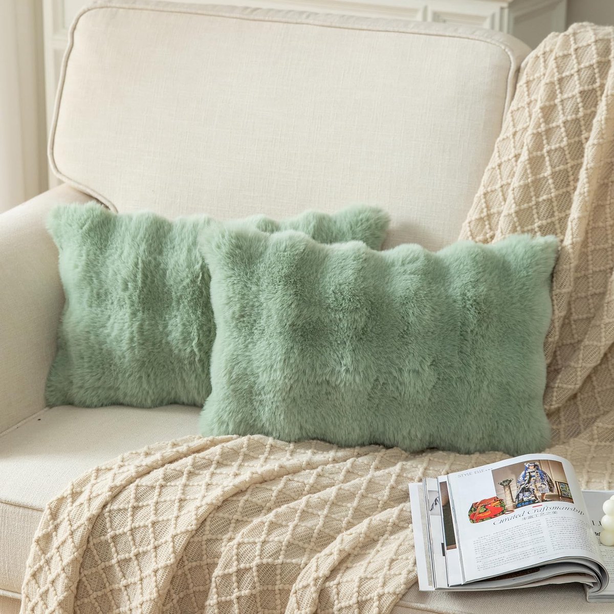 set van 2 sagegroene kussenhoezen 30x50 cm (12x20 inch) Dikke zachte wol decoratieve kussenhoezen voor op de bank slaapkamer