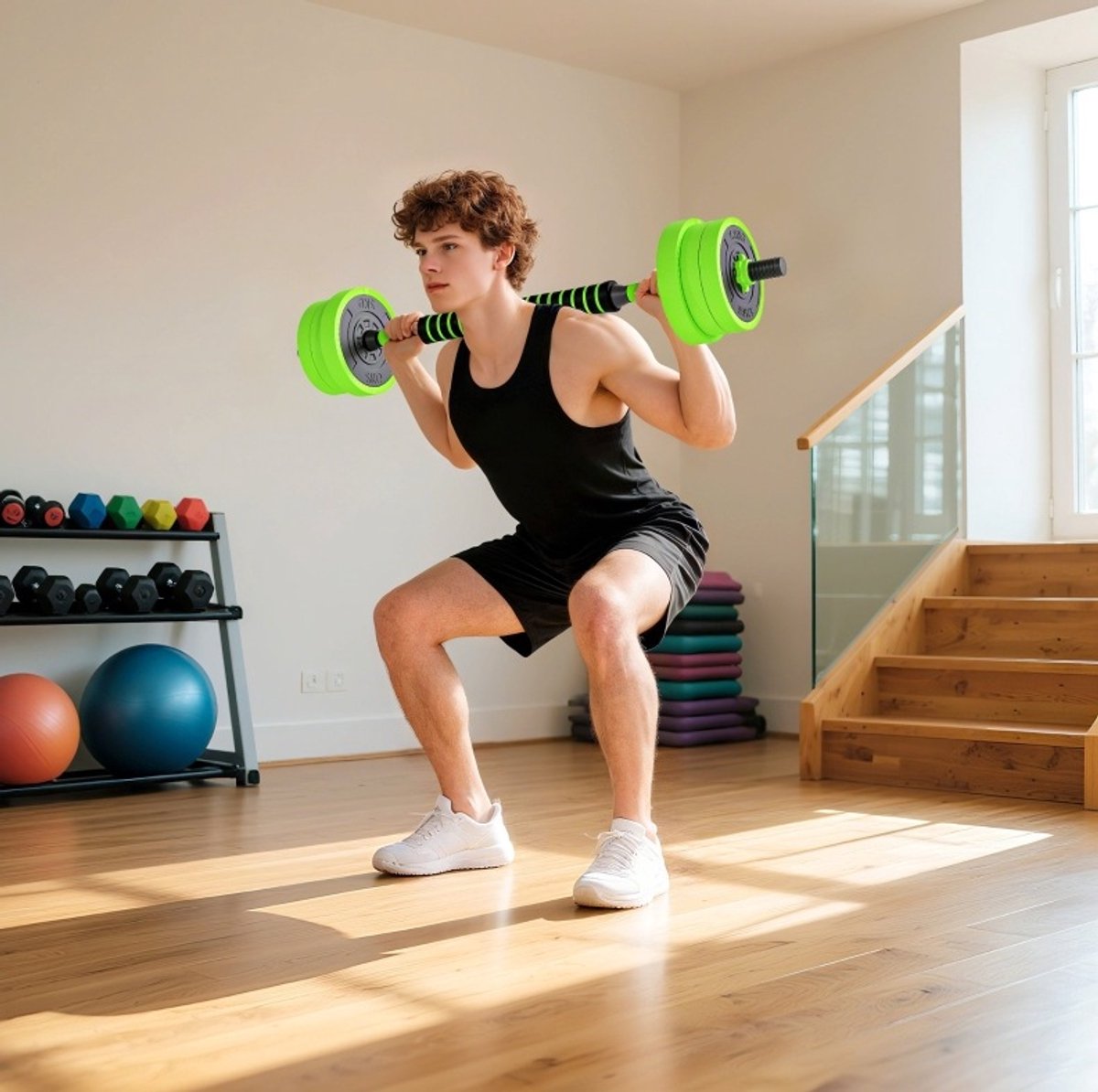 MEUNIQ 4-in-1 verstelbare halterset 20 kg met dumbbells, halterstang, kettlebell en push-up handgrepen, kunststof gewichten met veiligheidsclips, groen