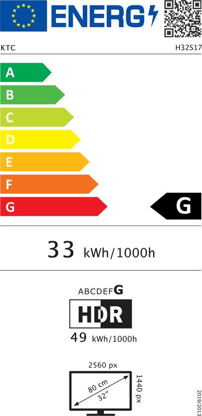 Energielabel G voor KTC H32S17 monitor met 33 kWh/1000h verbruik.