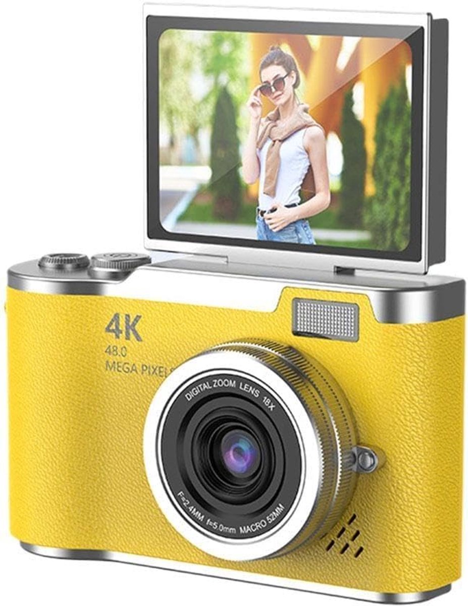 4K Digitale Camera voor Foto's – 48 MP met Kantelbaar Scherm, Draagbare Retrocamera met Kantelbaar Scherm, Selfiecamera met 8x Zoom, Vlogcamera – Camera voor Kinderen en Volwassenen, Compacte Retrocamera voor Buitengebruik (Geel, 1 Set)
