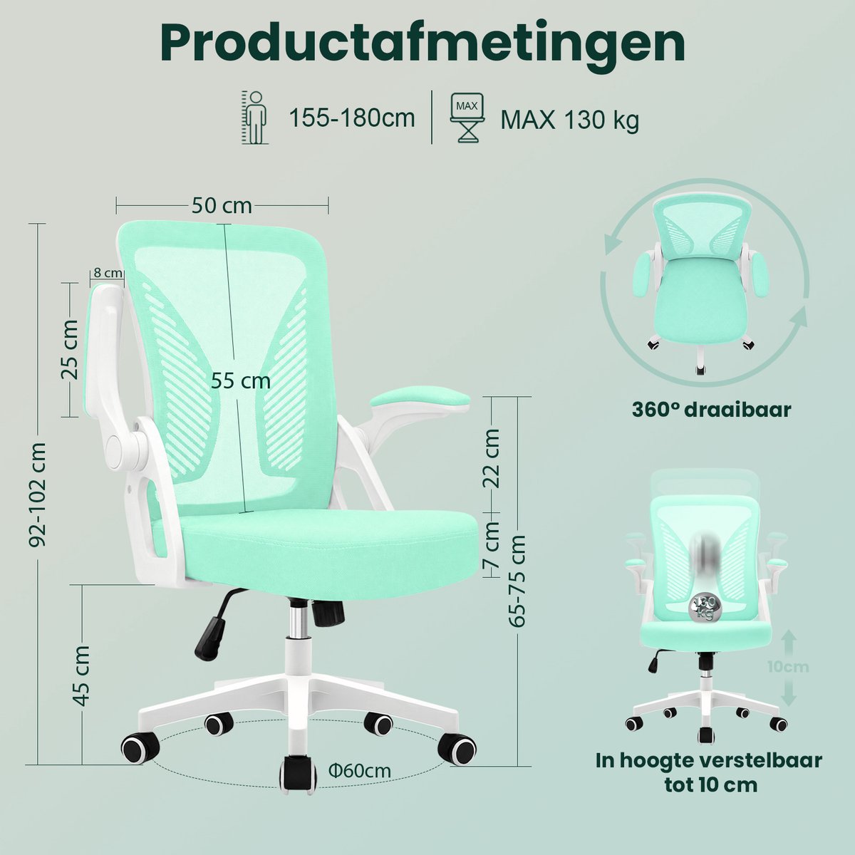 Milacyee Bureaustoel - Ergonomische Bureaustoel – Verstelbare Gaming/Computerstoel met Mesh Rug & Lendensteun – 90° Opklapbare Armleuningen – Directiestoel met Stille Wieltjes – Tot 130 kg Belasting - groente - Geschikt voor thuiswerk en kantoor – foto 8