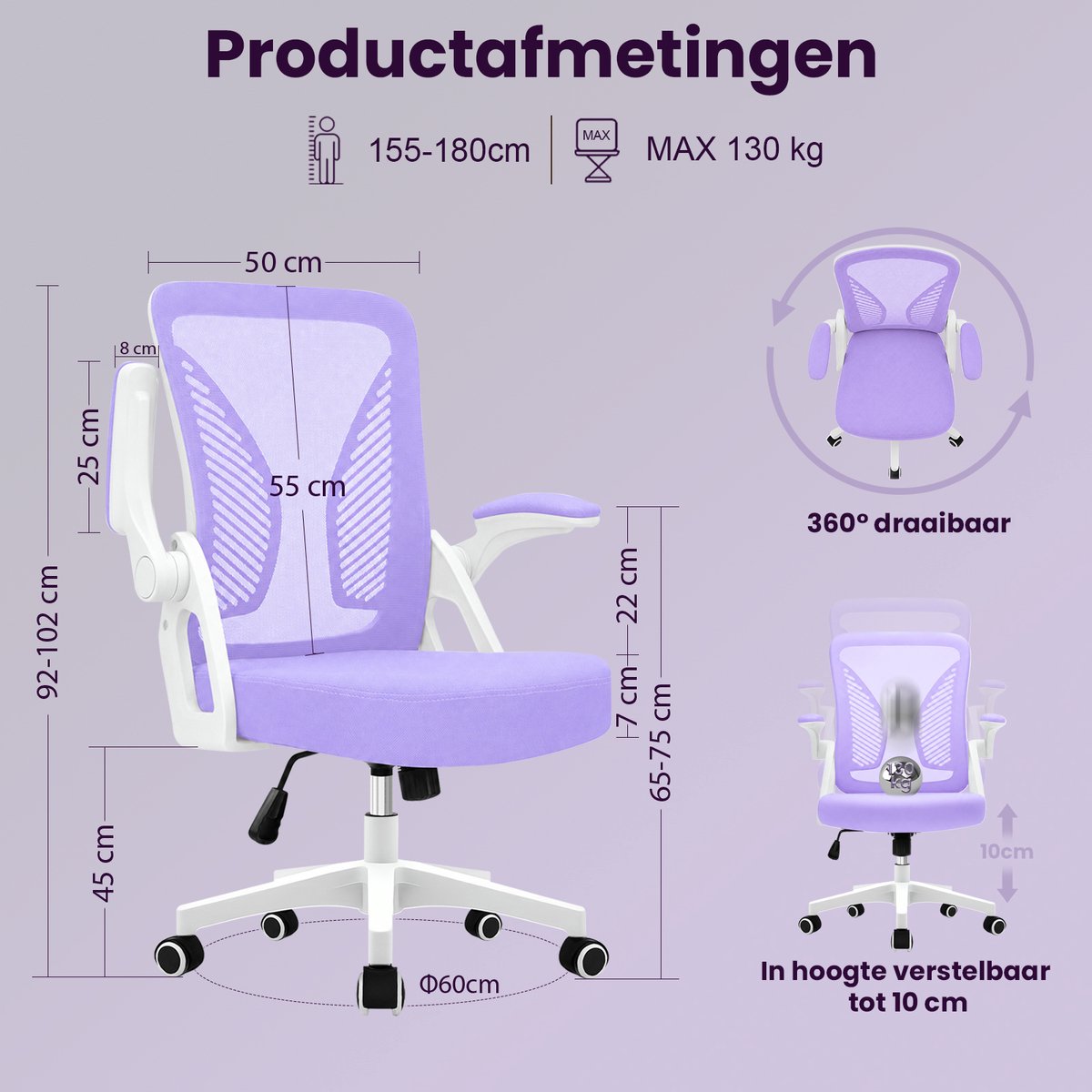 Milacyee Bureaustoel - Ergonomische Bureaustoel – Verstelbare Gaming/Computerstoel met Mesh Rug & Lendensteun – 90° Opklapbare Armleuningen – Directiestoel met Stille Wieltjes – Tot 102 kg Belasting - Paars - Geschikt voor thuiswerk en kantoor – foto 8