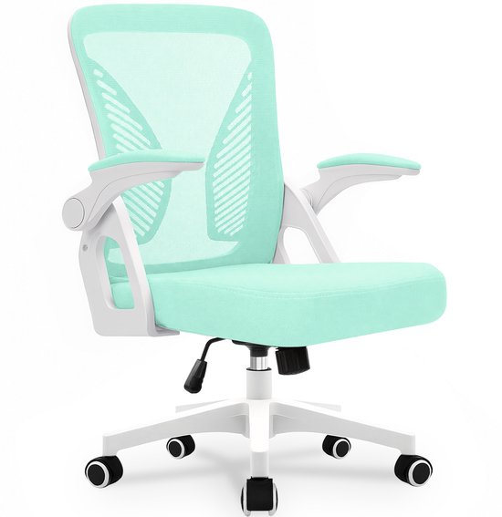 Mintgroene bureaustoel met mesh rugleuning, witte armleuningen en onderstel, op witte achtergrond.