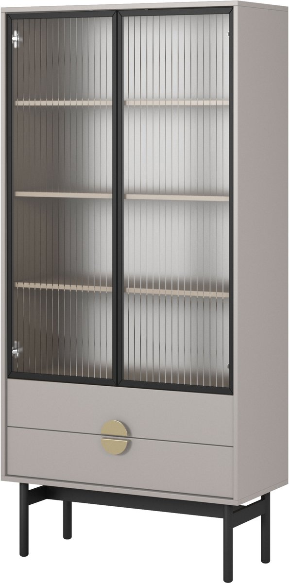 Selsey Stoon II – Vitrinekast met 3 planken en 2 lades, taupe, 85 cm