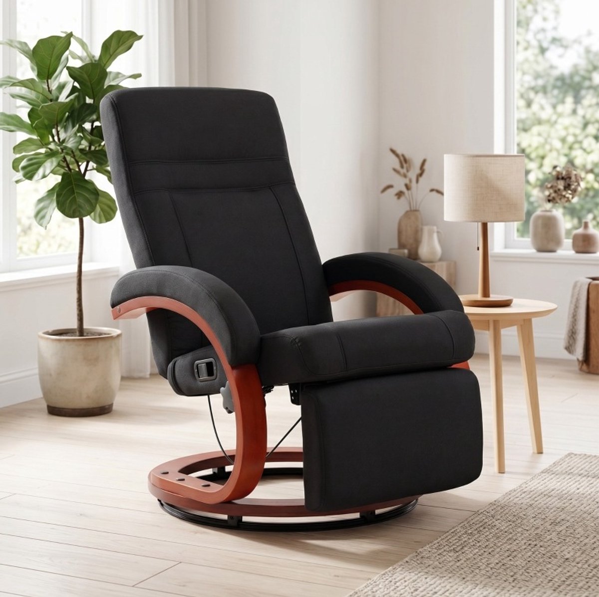 MEUNIQ relaxfauteuil met handmatig verstelbare rugleuning tot 135°, 360° draaifunctie, geïntegreerde voetensteun, hoge rugleuning, houtbasis en zwarte stof