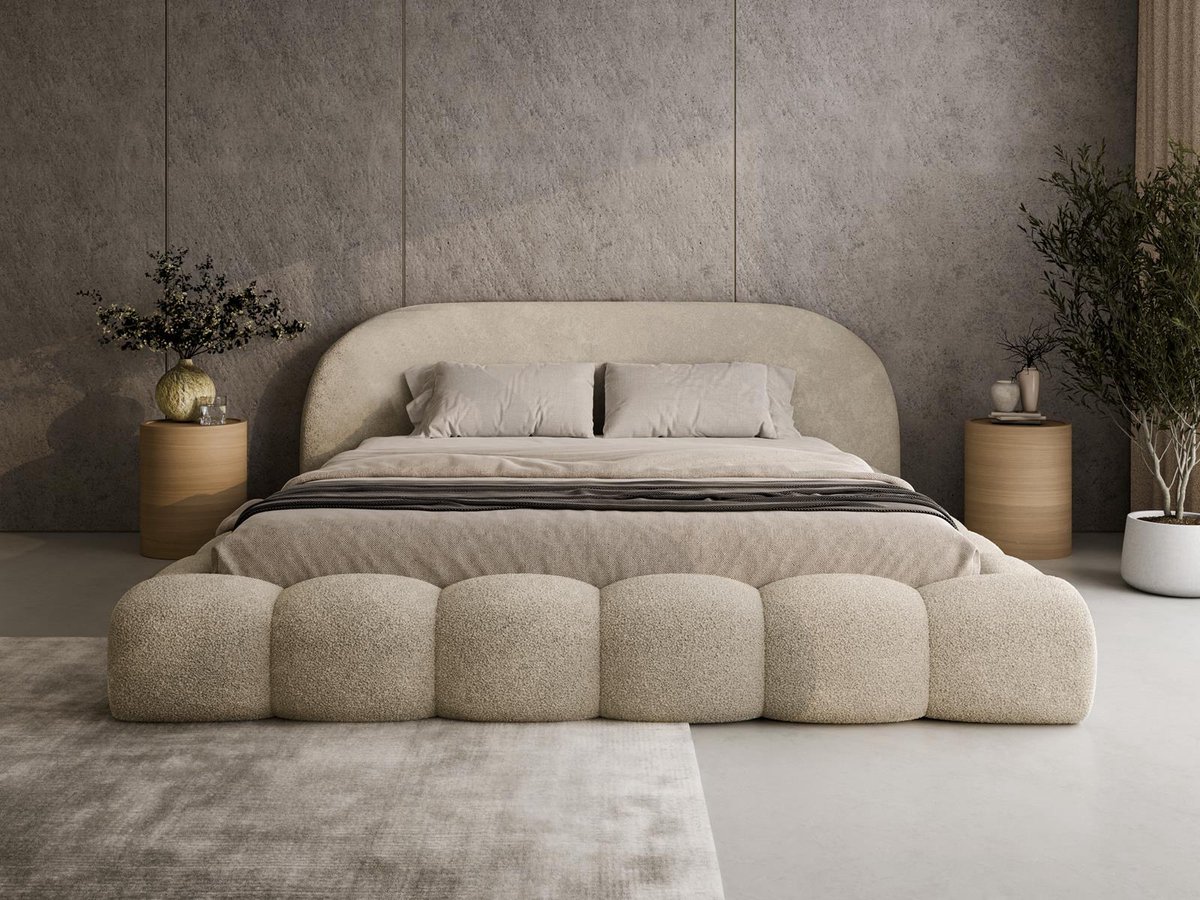 Compleo24 Bubble Gestoffeerd Bed met Afgerond Hoofdbord – Tweepersoonsbed in Bouclé 160x200 cm- Beige