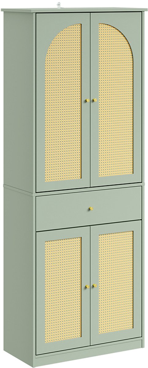 SoBuy Kledingkast - Kledingkasten Slaapkamer met 4 Deuren, 1 Lade en 3 Verstelbare Planken - Garderobekast met Rattan Inleg - Lichtgroen MDF | FSB107-GR