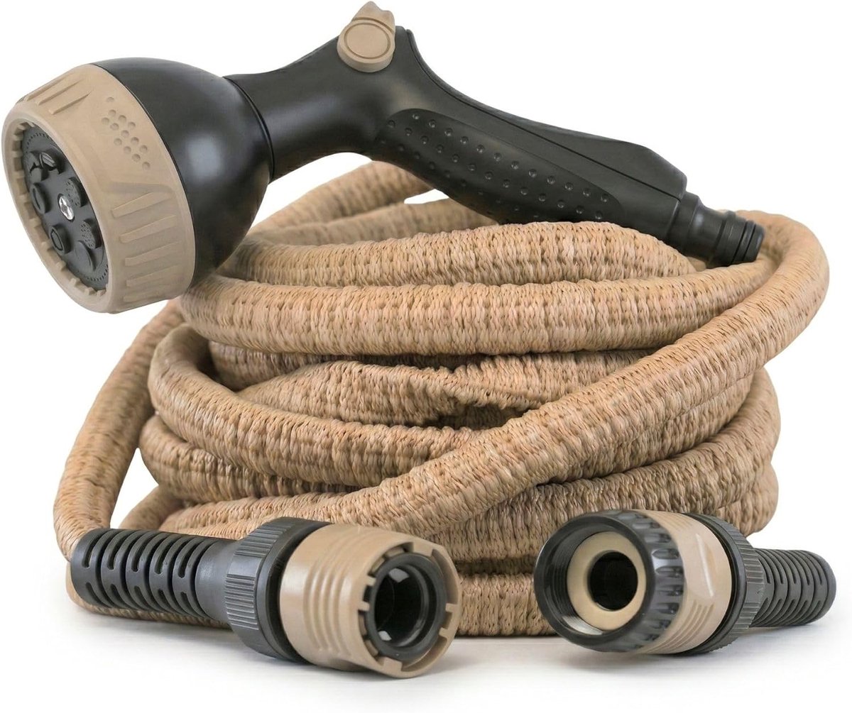 slang 7,5 m Made in Italy - rekbare slang 1/2 inch met armaturen en multifunctionele handdouche - beige
