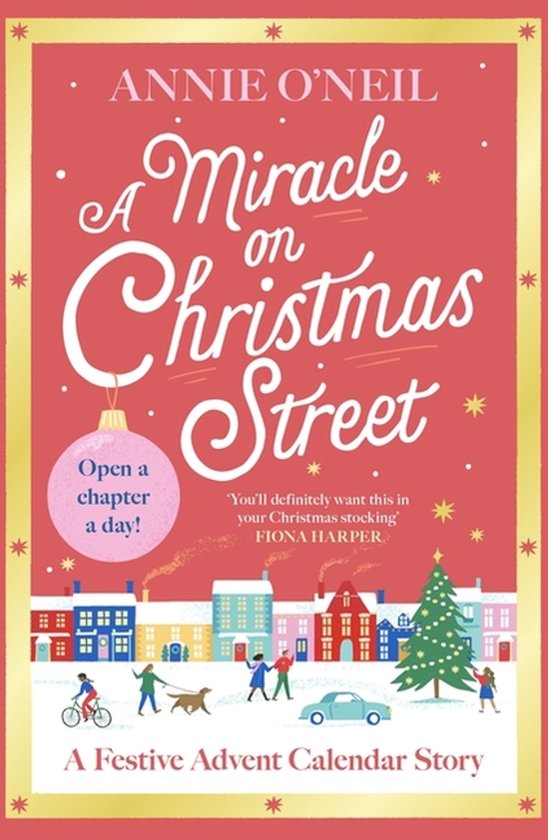 Boekomslag van 'A Miracle on Christmas Street' door Annie O'Neil, met een illustratie van een besneeuwde straat, een kerstboom, en mensen. Titel in kalligrafie.