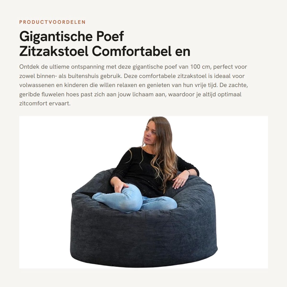 Dailygoods- Poef 100 cm - Comfortabele Corduroy Poef - Geschikt voor Binnen/Buiten - Zachte Hoes - Duurzaam - Gewicht 15 kg - Zitzak