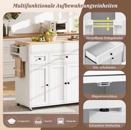 FloraGrace Keukeneiland Op Wielen - Uitschuifbaar Werkblad En 3 Lades - Voor Keuken En Eethoek - MDF - Wit Naturel - 137-190,6x45,2x92 cm — afbeelding 5