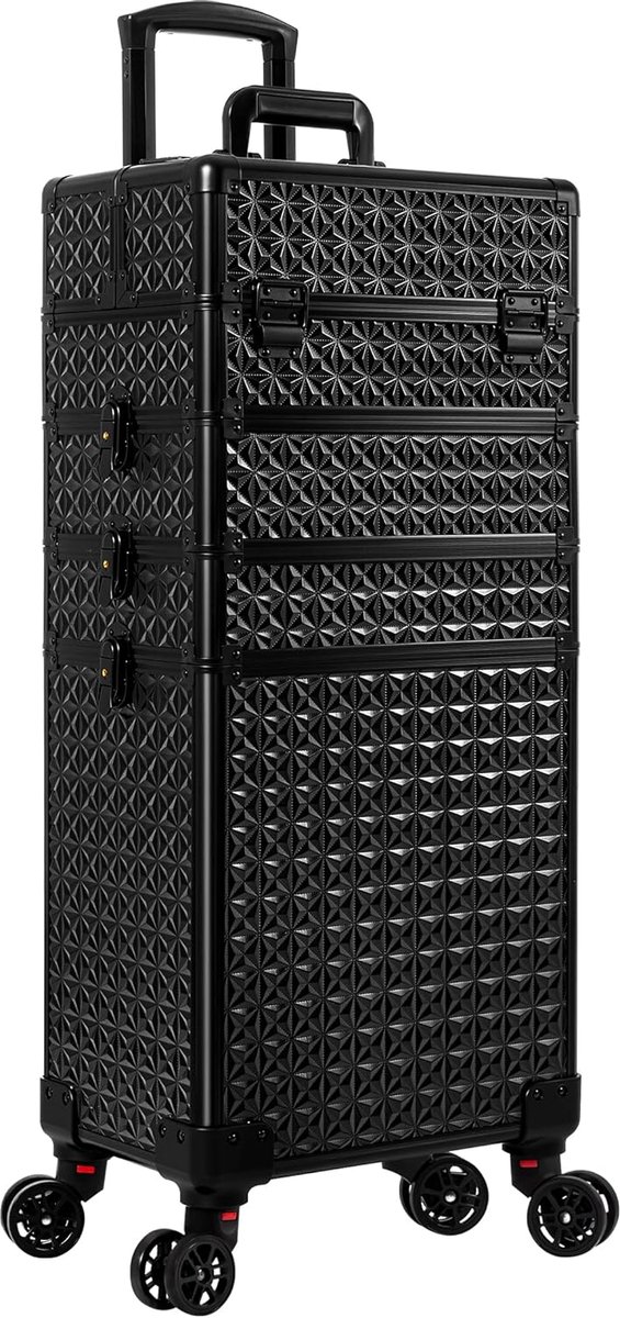 5-in-1 professionele rollende make-up case aluminium cosmetische doos, extra grote trolley make-up reisorganisator, met 360° draaibare wielen, Zwart