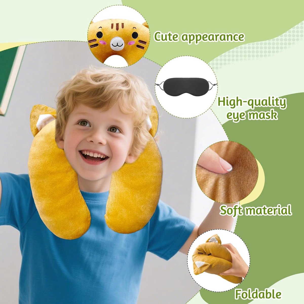 Nekkussen voor kinderen, cartoon, met slaap-oogmasker, reiskussen voor kinderen, zacht en comfortabel, neksteun, reiskussen, aardbeivorm voor meisjes, nekkussen, reizen, voor auto, vliegtuig, 27
