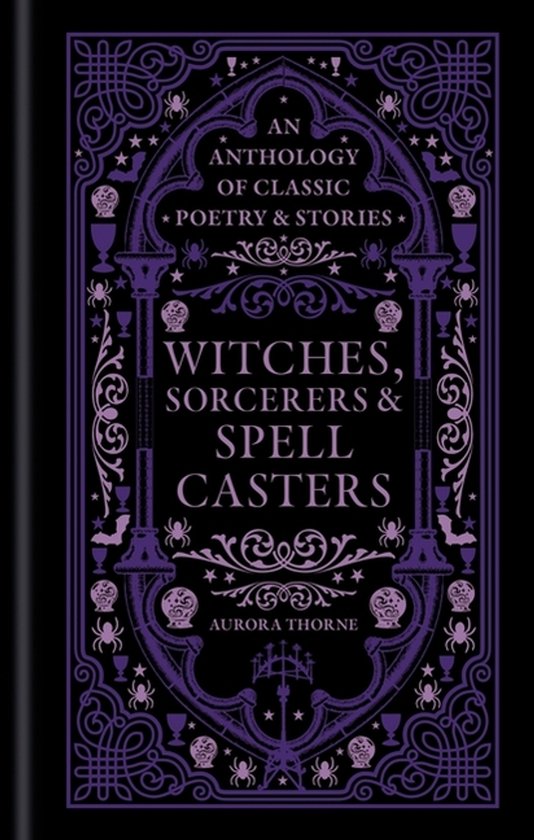 Livre 'Witches, Sorcerers & Spell Casters' avec un design sombre et ornemental violet, et le titre en gros caractères.