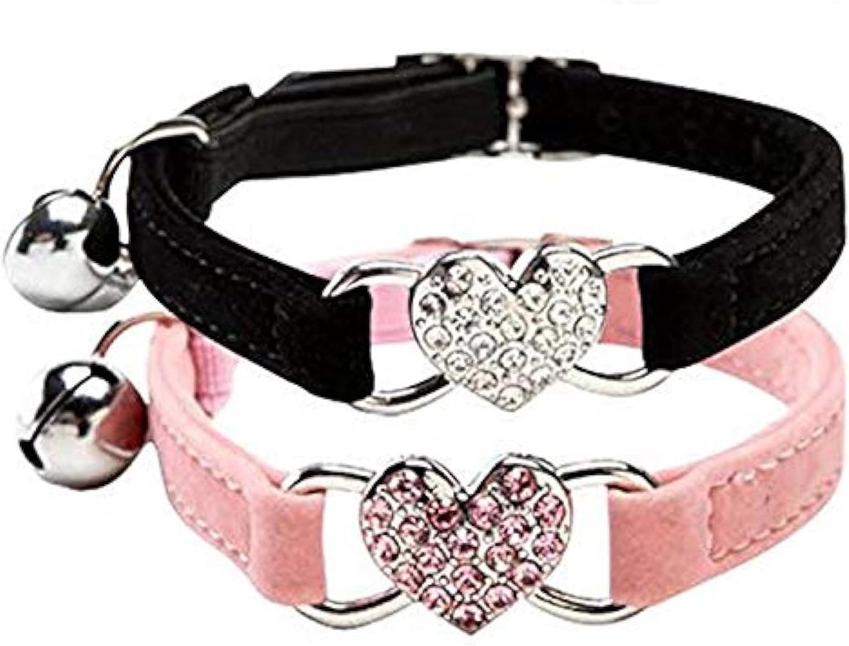 Kattenhalsband met bel bling-Soft Fluwelen Veilige Kat Verstelbare Kraag met Kristal Hartje Bedel en Klokken 8-11 Inch