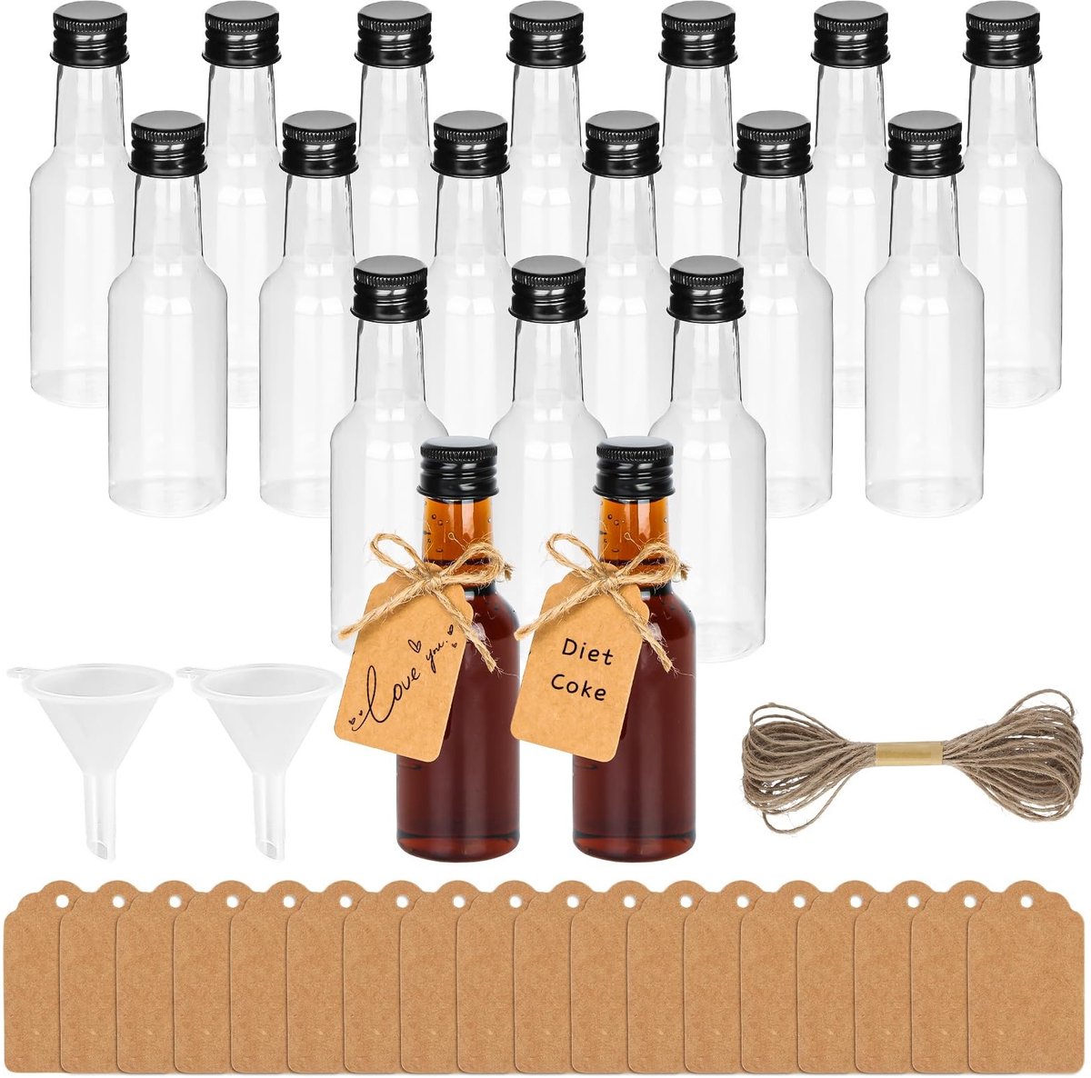 Dailygoods - 18 stuks mini-flesjes kunststof likeurflessen, 50 ml kleine flessen om te vullen met 2 mini-trechters, 18 etiketten van kraftpapier en 5 m henneptouw, kleine borrelflessen voor bruiloften, feesten