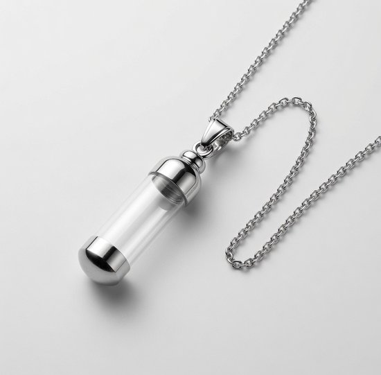 Collier argenté avec pendentif capsule transparente et capuchon argenté.