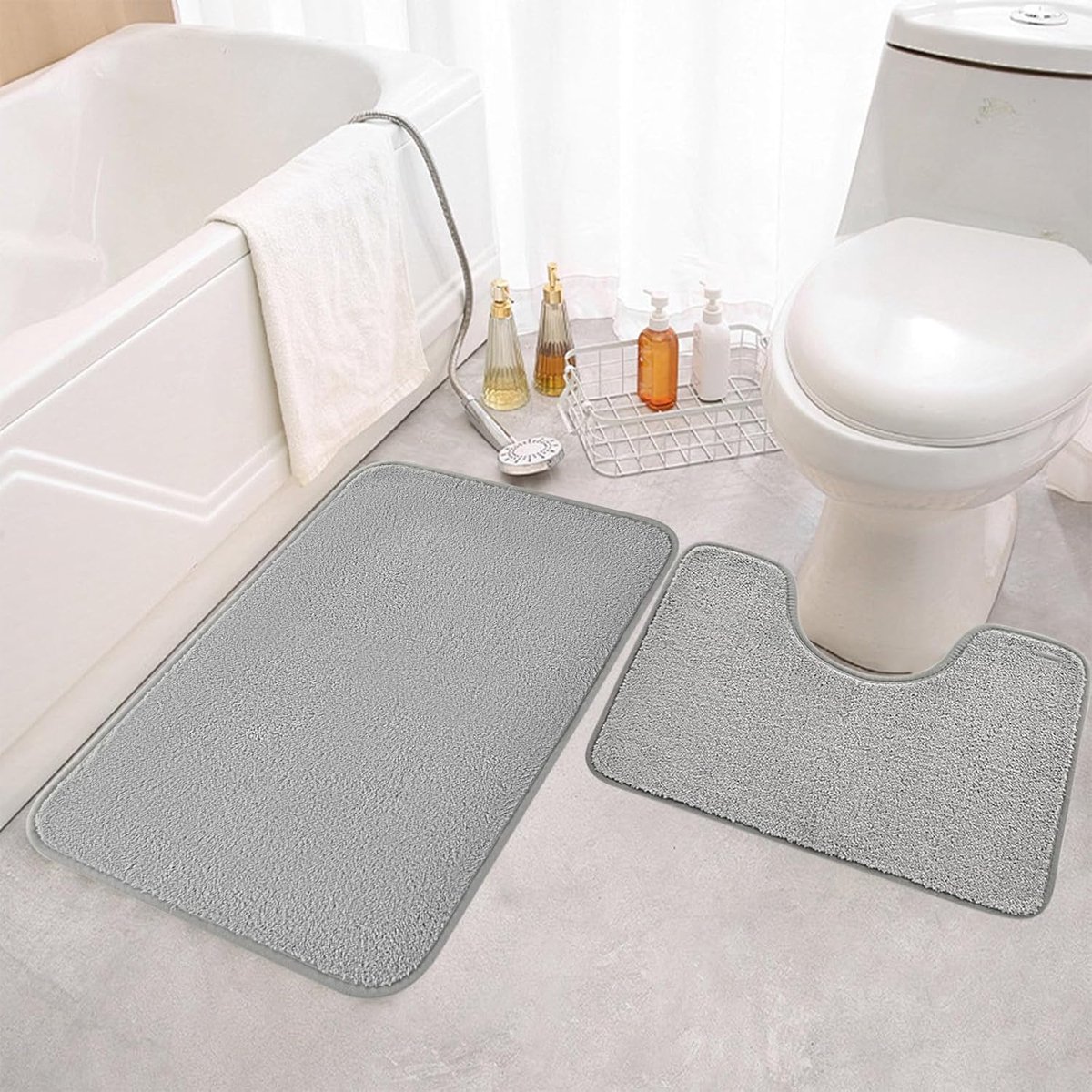2-delig, microvezel, badmat, antislip en wc-mat met uitsparing, wasbare badmatset, kleine badmatten voor badkamer, vrijstaande toiletten, 50 x 80 + 50 x 40 cm, grijs