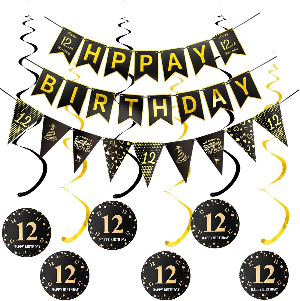 12e Birthday banner + driehoekige vlaggen, Happy Birthday-slingers + 12e verjaardag, hangende decoratieset, zwart-goud, 12e verjaardag, decoratie voor meisjes en jongens, 12e verjaardag,