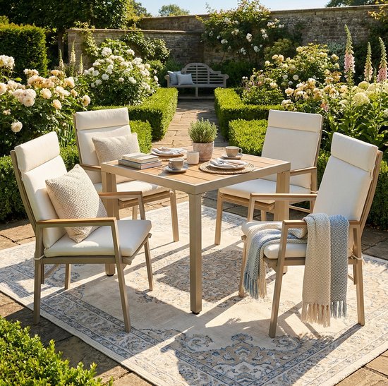 MIVRAY Tuinset 4 Personen - Eettafel Met 4 Stoelen En Kussens - Voor Tuin En Terras - Verzinkt Staal En Polyester - Beige Khaki