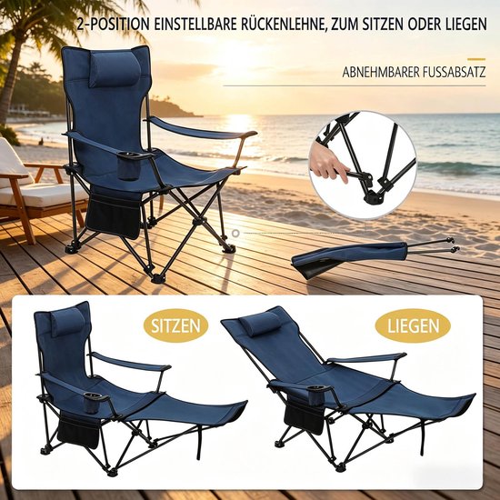 MIVRAY Campingstoel 160 x 84 x 88,5 cm - Verstelbare Rugleuning Met Uitschuifbare Voetensteun - Voor Camping En Strand - Oxford Stof En Staal Blauw — afbeelding 4