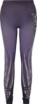 Paarse legging met veer- en rozenprint aan de onderkant. Text op de heup.