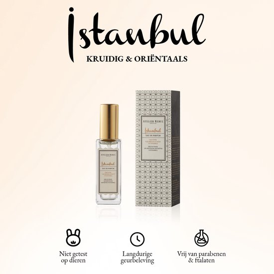 Atelier Rebul Istanbul parfum 12ml en de doos, met teksten 'Kruidig & Oriëntaals', 'Niet getest op dieren', 'Langdurige geurbeleving', 'Vrij van parabenen & ftalaten'.