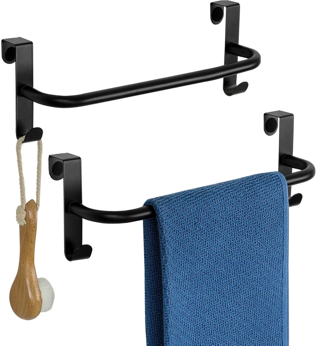 Handdoekhouder voor boven de deur, zwart handdoekhouder met 2 haken, zonder boren handdoek