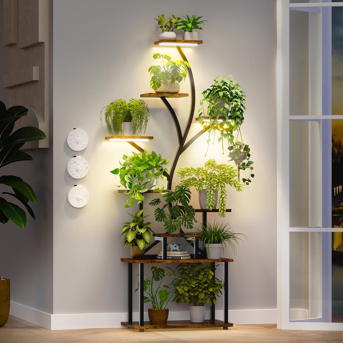 Plantenstandaard met kweeklampen, 9 gelaagde hoge plank, metalen standaard voor meerdere planten, hoekplank voor terras, balkon