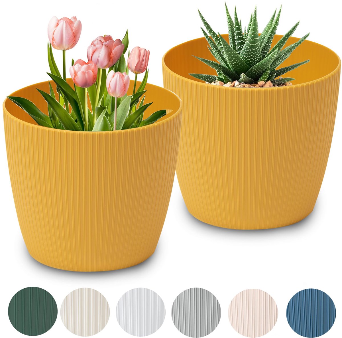 bloempotten van kunststof, duurzaam en licht, voor woon- en eetkamer, 2 stuks (mosterd, Ø 11 cm)