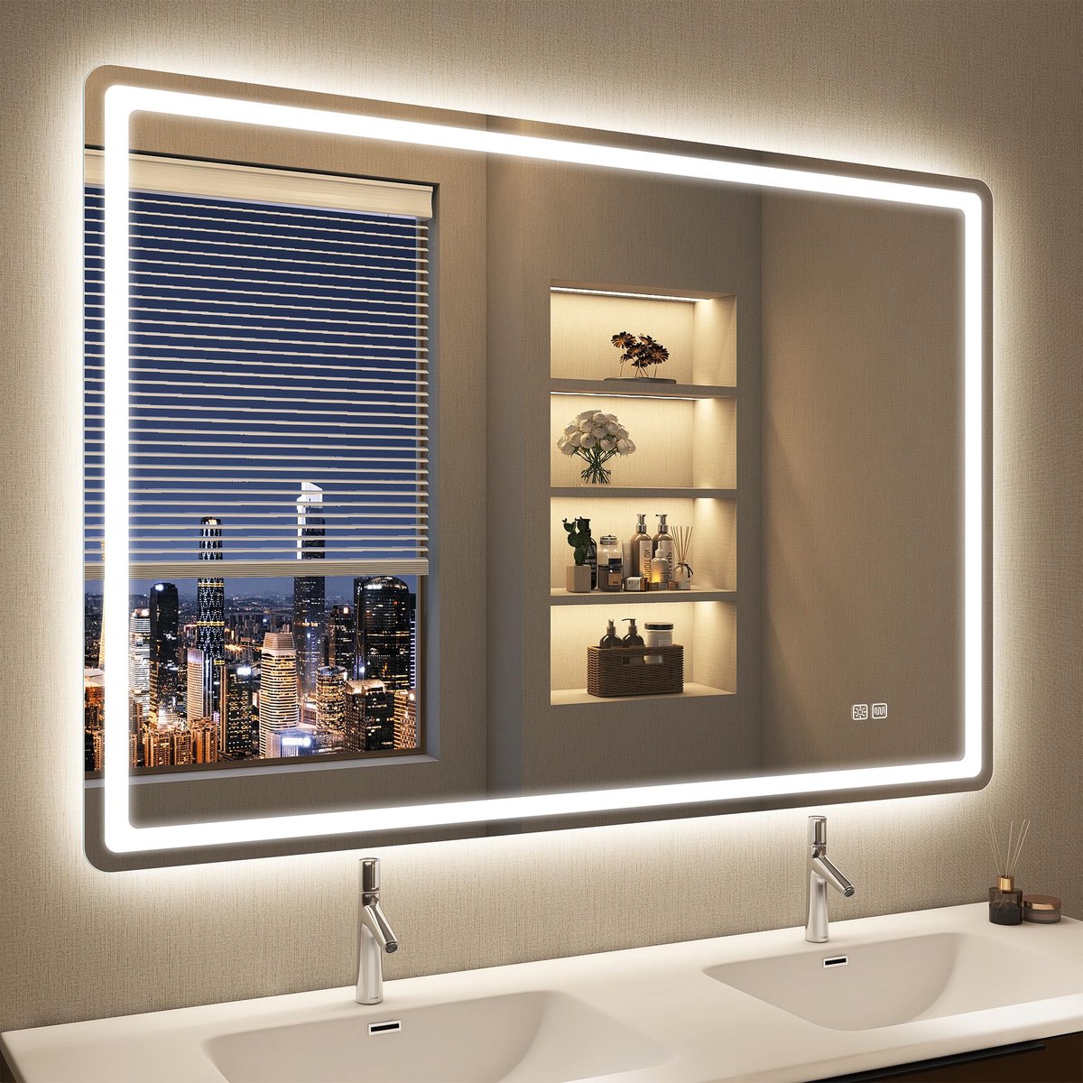 Spiegel met verlichting, 100 x 70 cm, spiegel met verlichting en ontwaseming, dimbaar, 3 kleurtemperaturen, 3000 K-6500 K, geheugenfunctie, IP44, led, badkamerspiegel