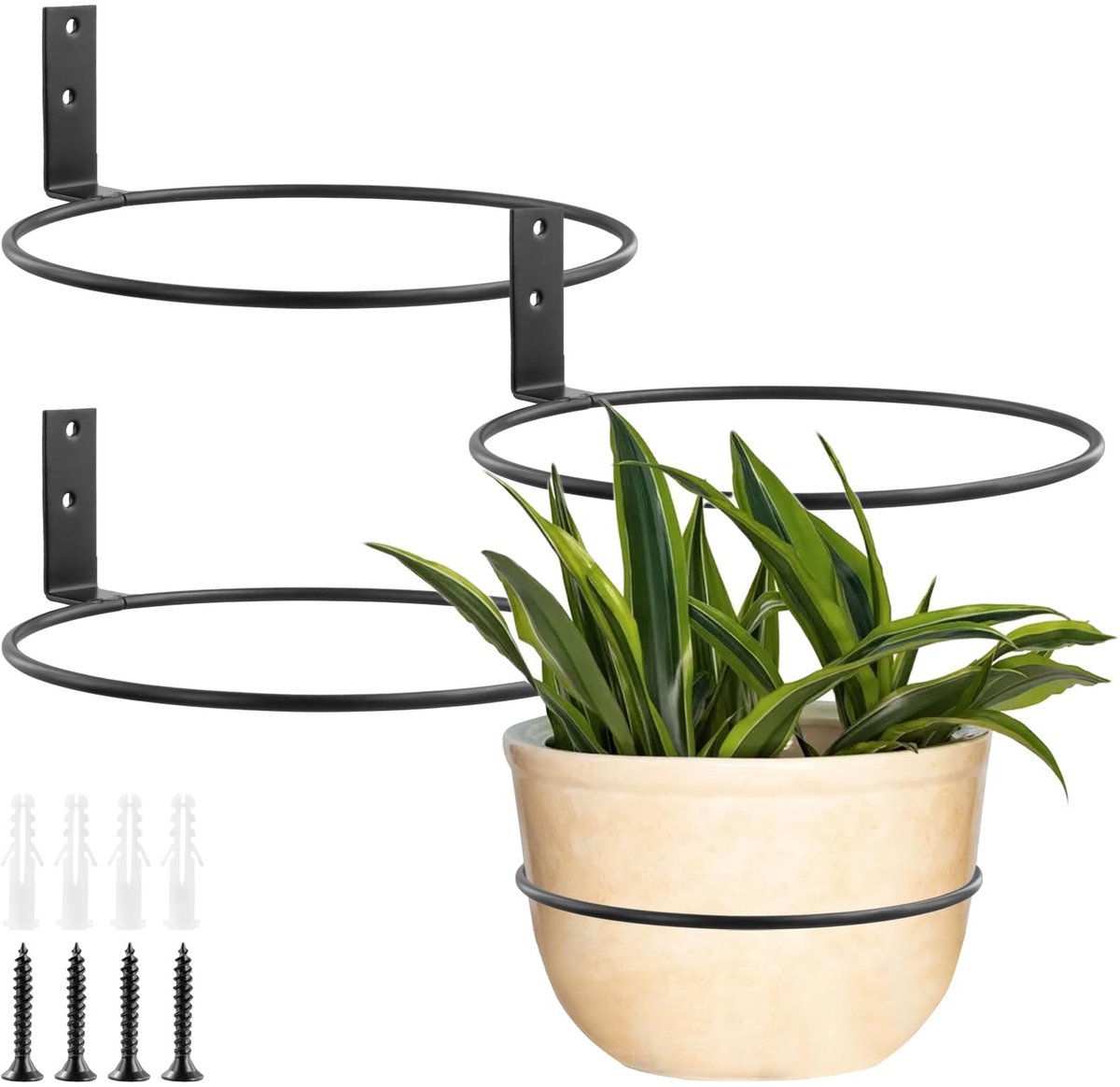 Set van 4 bloempothouders voor wandmontage 20 cm, wandring bloempothouder, metaal, zwart, 8 inch plantenhouder, wandmontage voor binnen- en buitenplanten