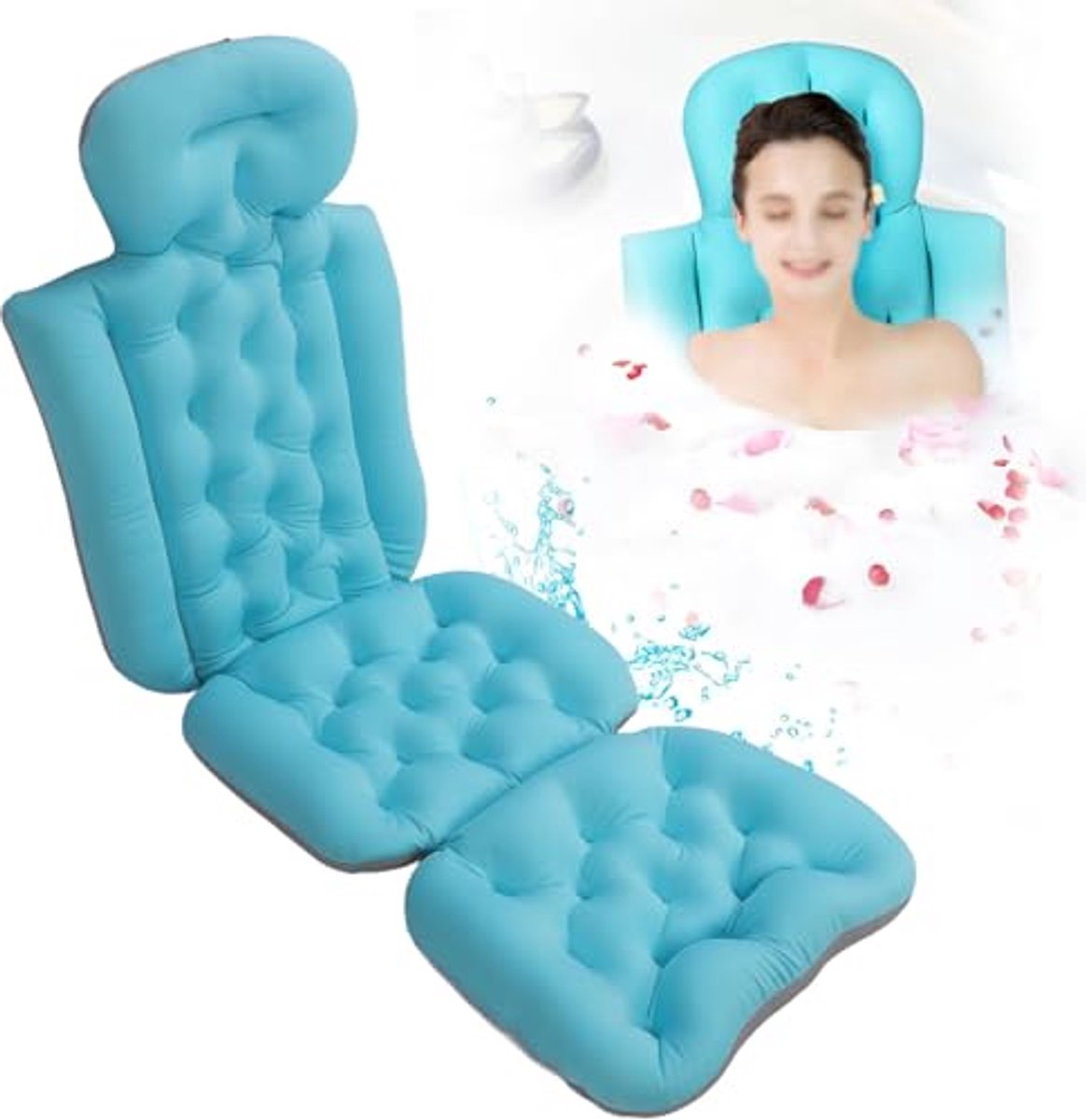 Badkussen voor Het Hele Lichaam, Badmat met Kussen Bubbelmat, Badkussen Nek met Sterke Zuignappen, Antislip, Verwijderbaar, Wasbaar (BLUE)