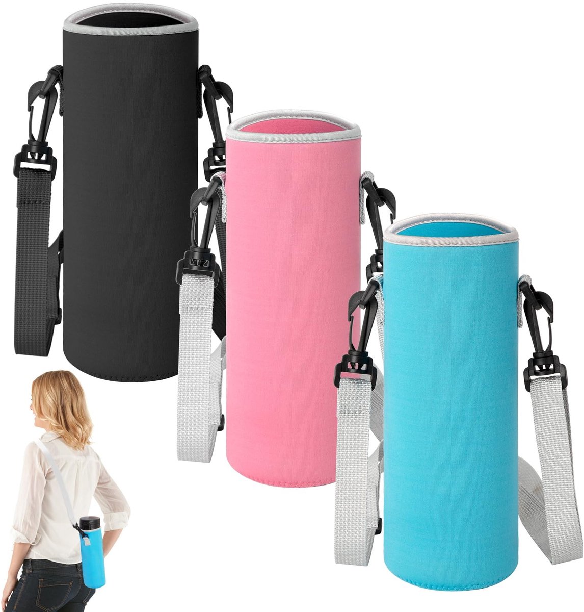 Dailygoods- Waterflessenhouder Draagbaar - Verstelbare Schouderriem - Fleshouder Fiets - Fleshouder Wandelen - Fleshouder Riem - Set van 3 Stuks