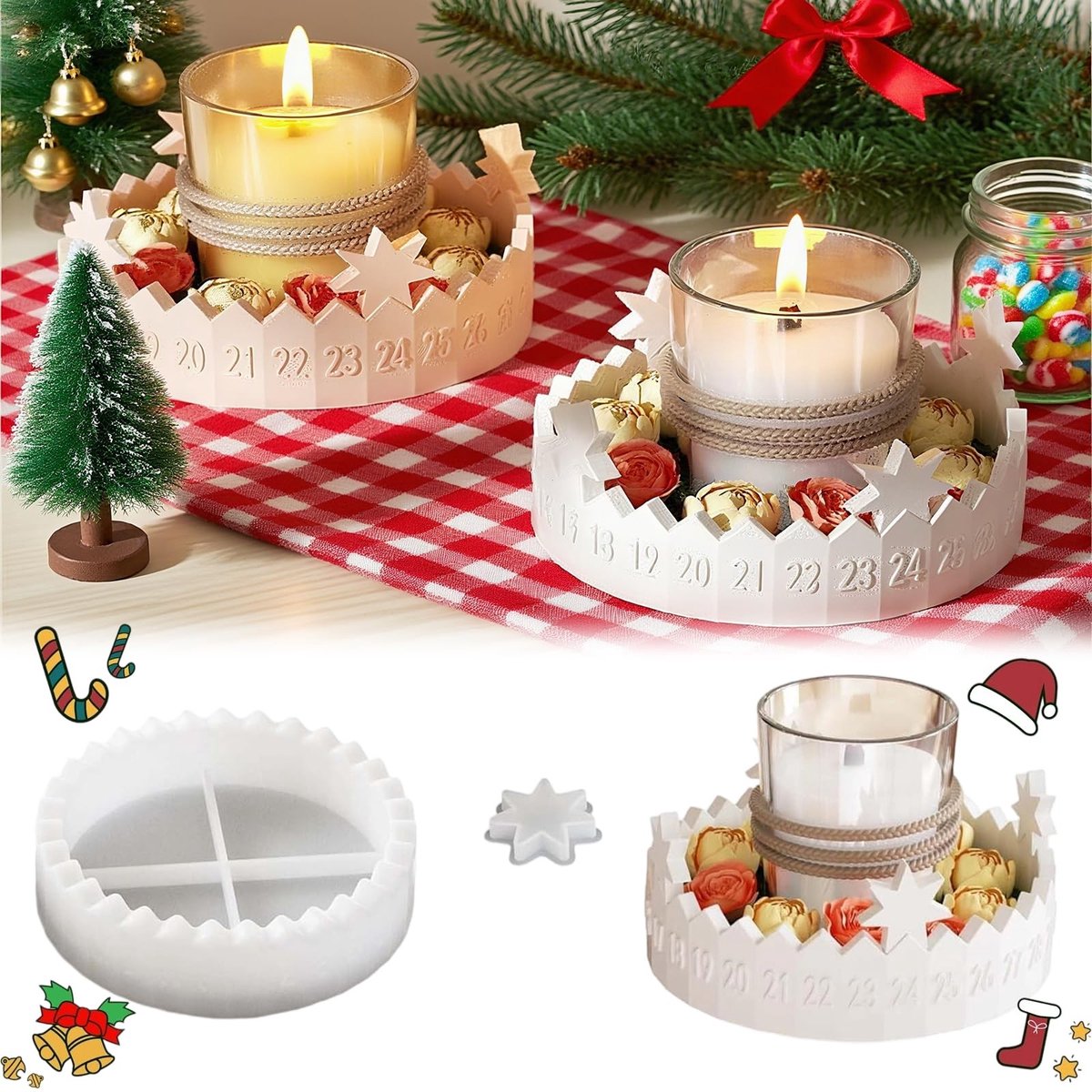 Dailygoods - Silicone Molds voor Kerstcasting, 3D Advent Calendar -kalender in kerstsiliconenvormen, sterrensiliconenmallen voor epoxyharskaarsen, gipsvormen voor kerstgieten