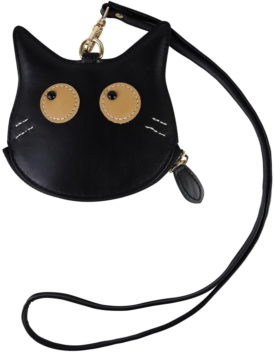 Dailygoods - Andiker Muntenportemonnee, schattige kattenvorm, kleine portemonnee met ritssluiting, licht en draagbaar, zacht PU-leer damesportemonnee met 40 cm halskoord voor vrouwen, dagelijkse toegang, zwart
