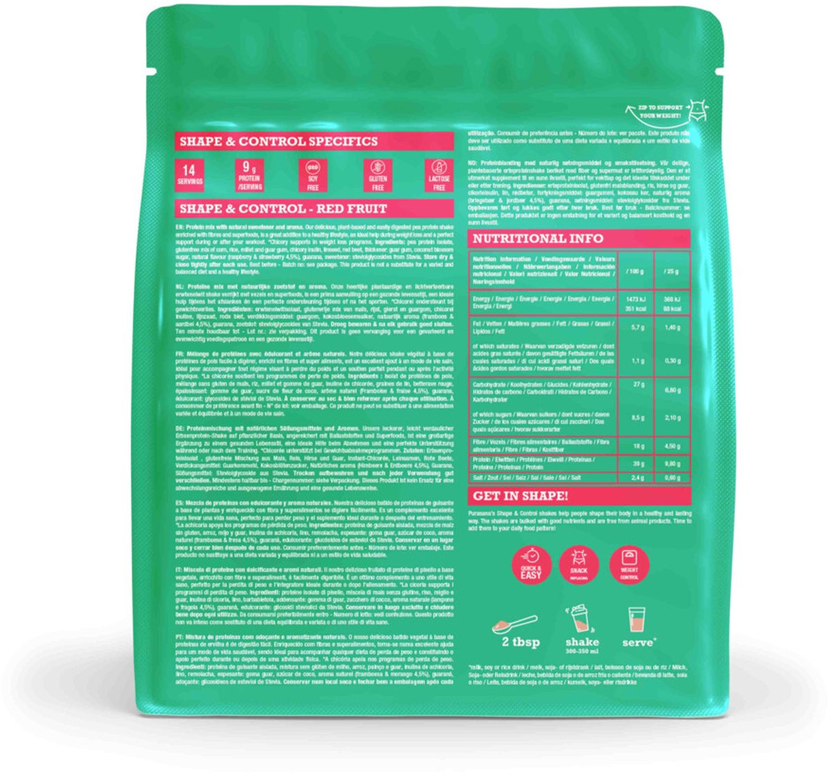Purasana Shape & Control Vegan Protein Aardbei - Framboos - 350 gr