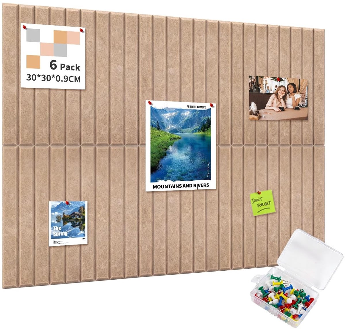 Dailygoods- Prikbord Groot 90x60cm - Zelfklevend Filt - Decoratief Prikbord 30x30cm - Opvouwbaar Fotobord - 35 Punaises - Wanddecoratie Donker Kameel - Bulletinboard