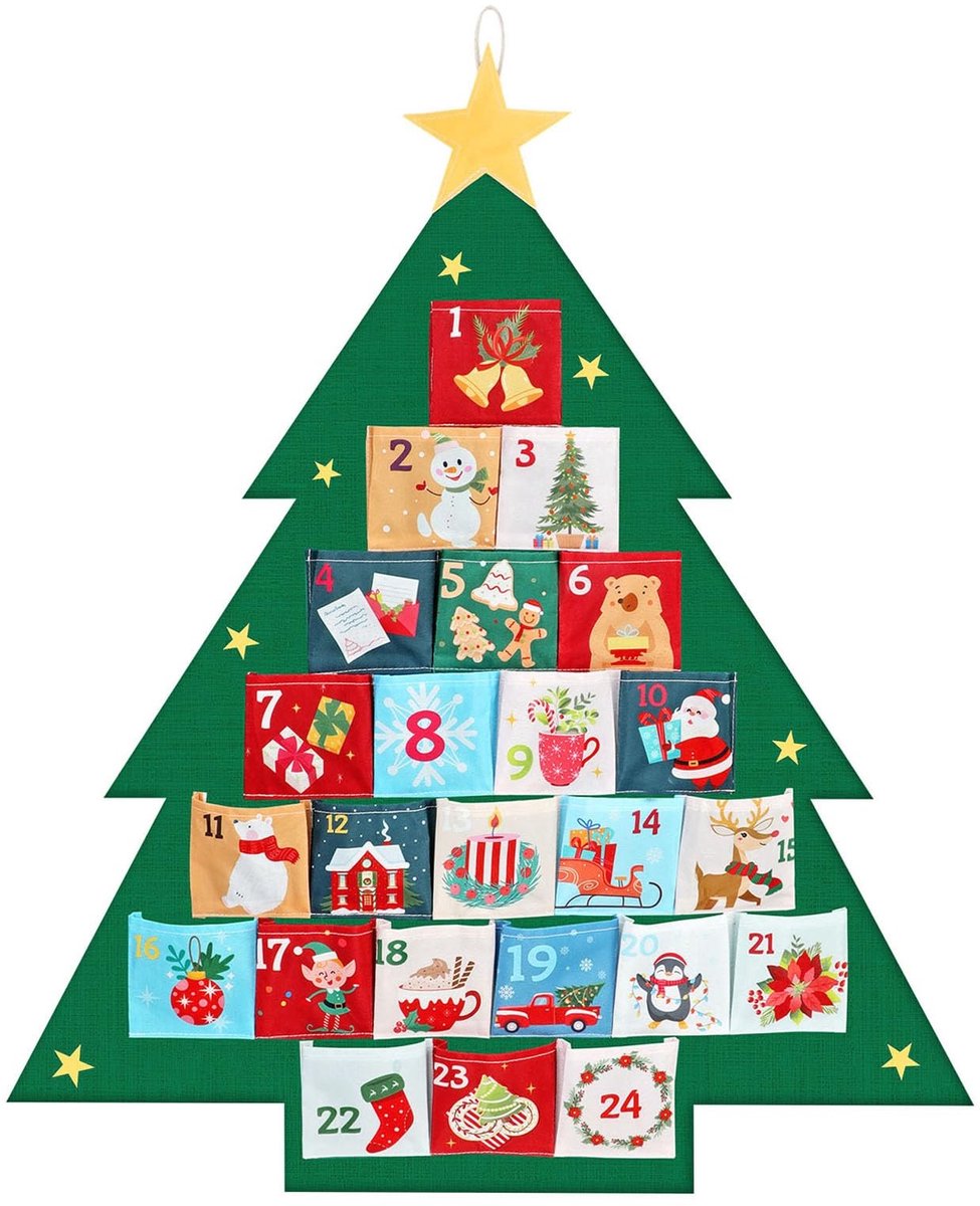 Dailygoods- Adventskalender 2025 herbruikbaar - Kinderadventskalender - Aftelkalender - Kerstversiering - 24 zakken 10x10cm - Multicolor stof