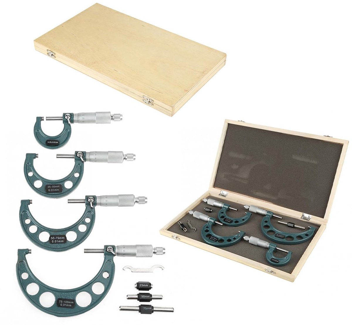 Dailygoods- Meetschuifmaat 0-100mm - Diktemeter - Buitenschroefmaat - 4 Stuks - Houten Kist - Hoge Precisie - Micrometer